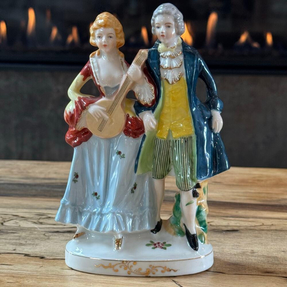 Vintage Occupied Japan Porcelain Figurine Colonial Man & Lady with Lute 7.5”